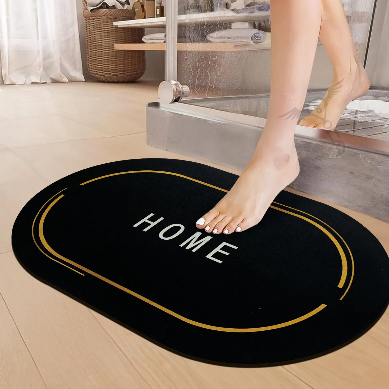 1 Piece Anti-Skid Water Soaking Oval Home Print Rubber Mat, Water Absorbent Mat (40x60cm) (Black)