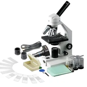 AmScope M500 Series Biological Student Cordless Monocular Compound Microscope 40X-2500X Magnification with LED, USB Camera and 10pc Slide Kit
