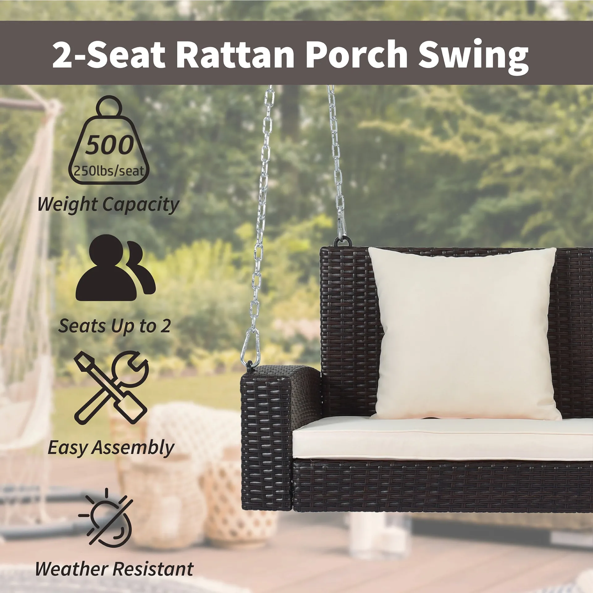 Biophilic Design Wicker Hanging Porch Swing with Chains