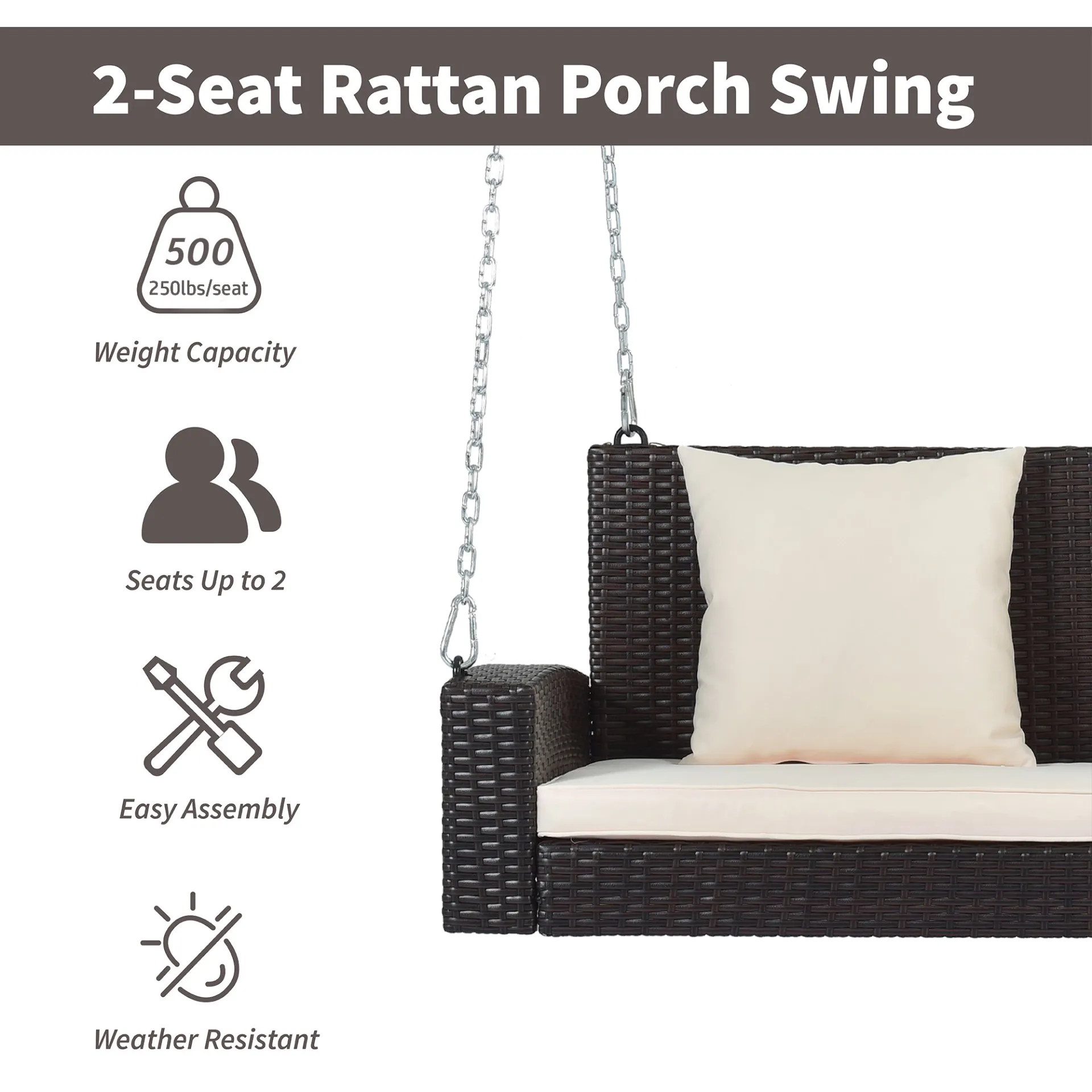 Biophilic Design Wicker Hanging Porch Swing with Chains