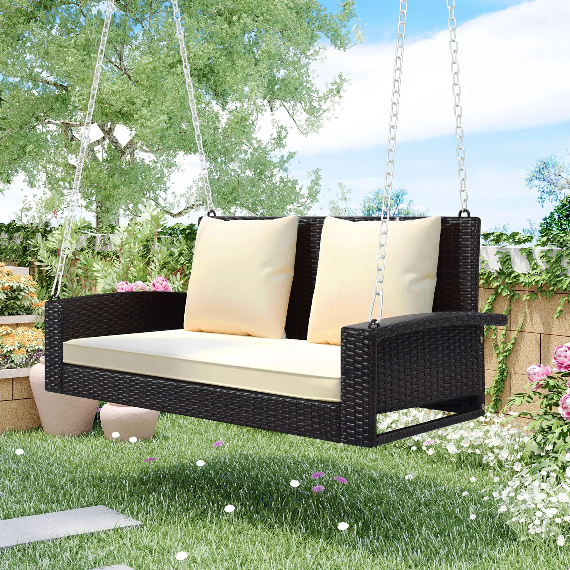 Biophilic Design Wicker Hanging Porch Swing with Chains