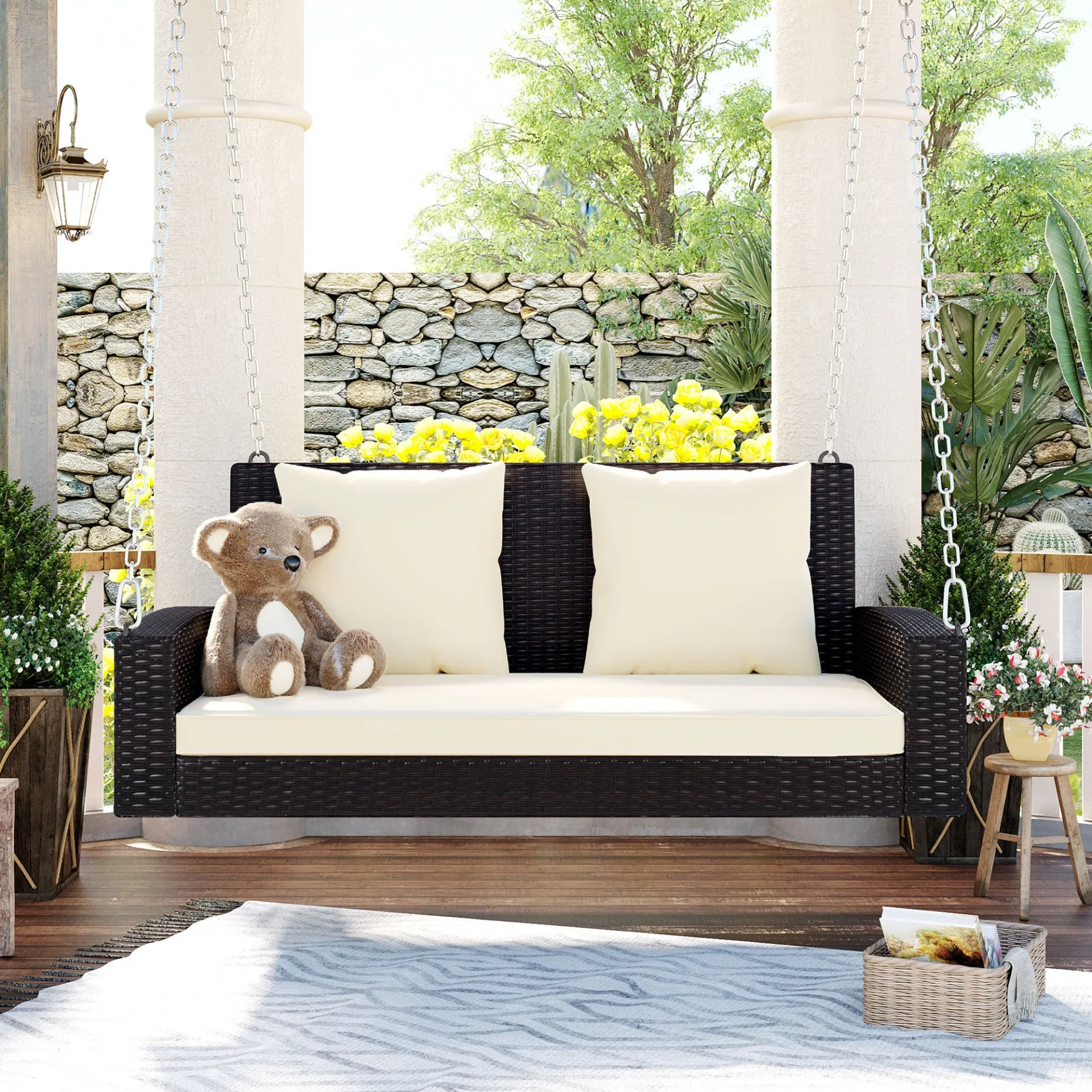 Biophilic Design Wicker Hanging Porch Swing with Chains