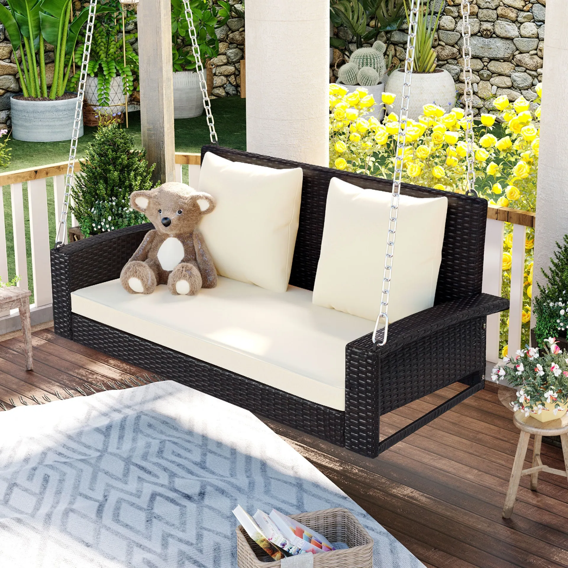 Biophilic Design Wicker Hanging Porch Swing with Chains