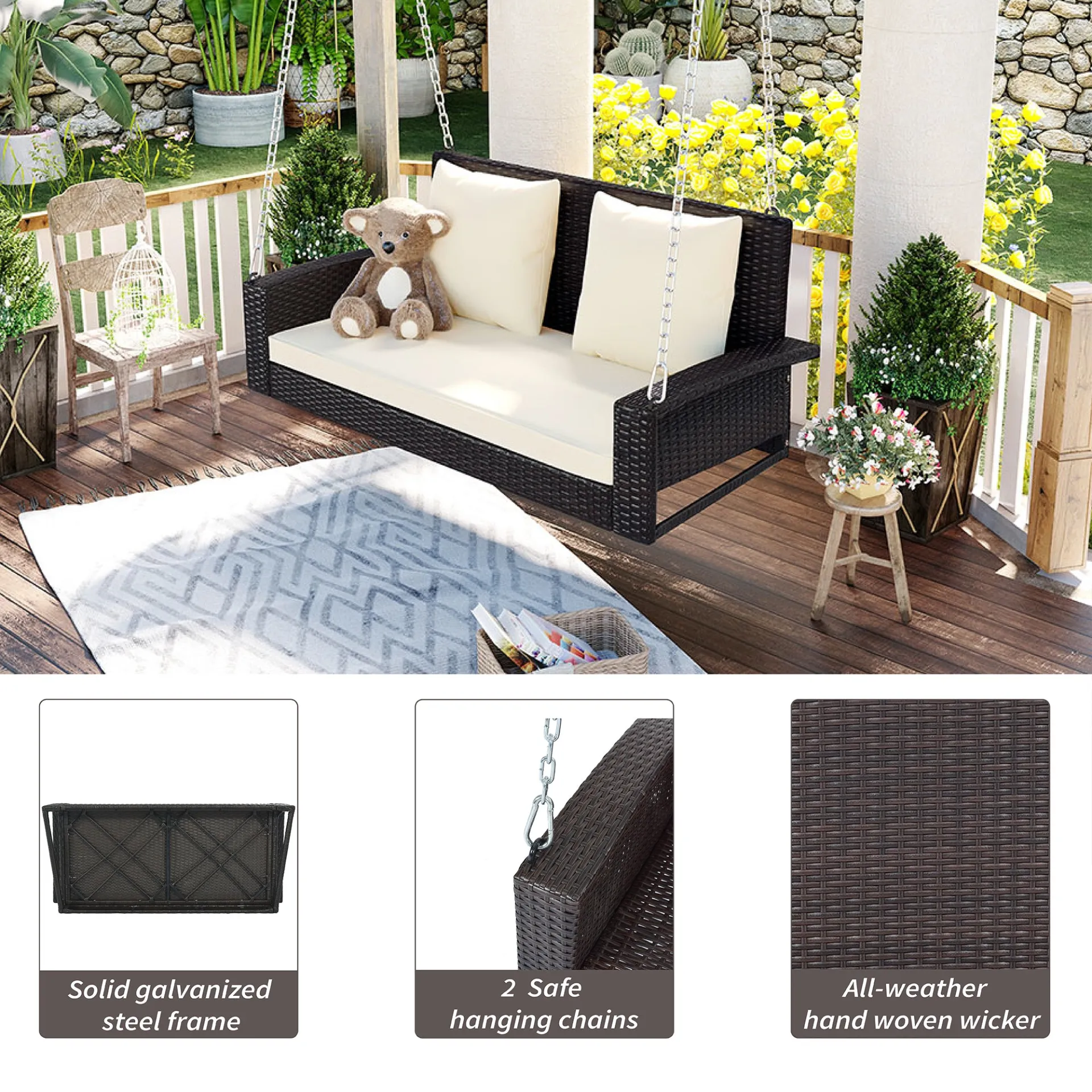 Biophilic Design Wicker Hanging Porch Swing with Chains