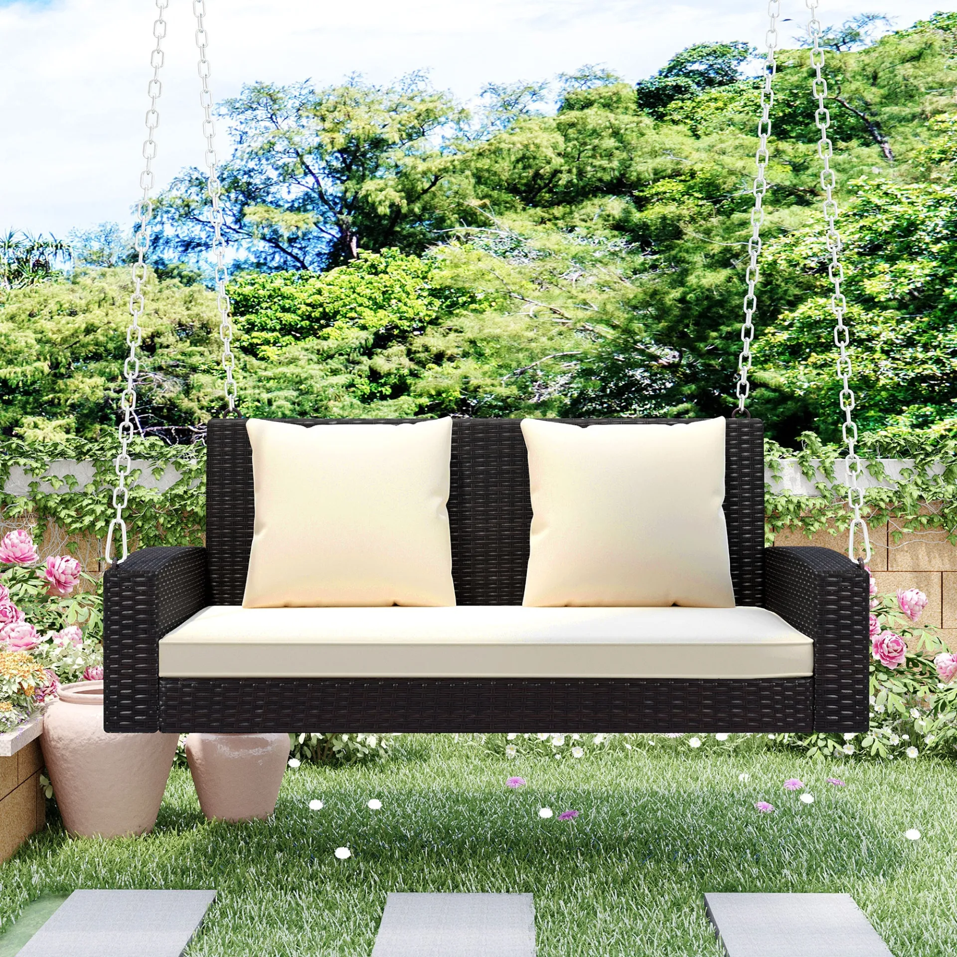 Biophilic Design Wicker Hanging Porch Swing with Chains
