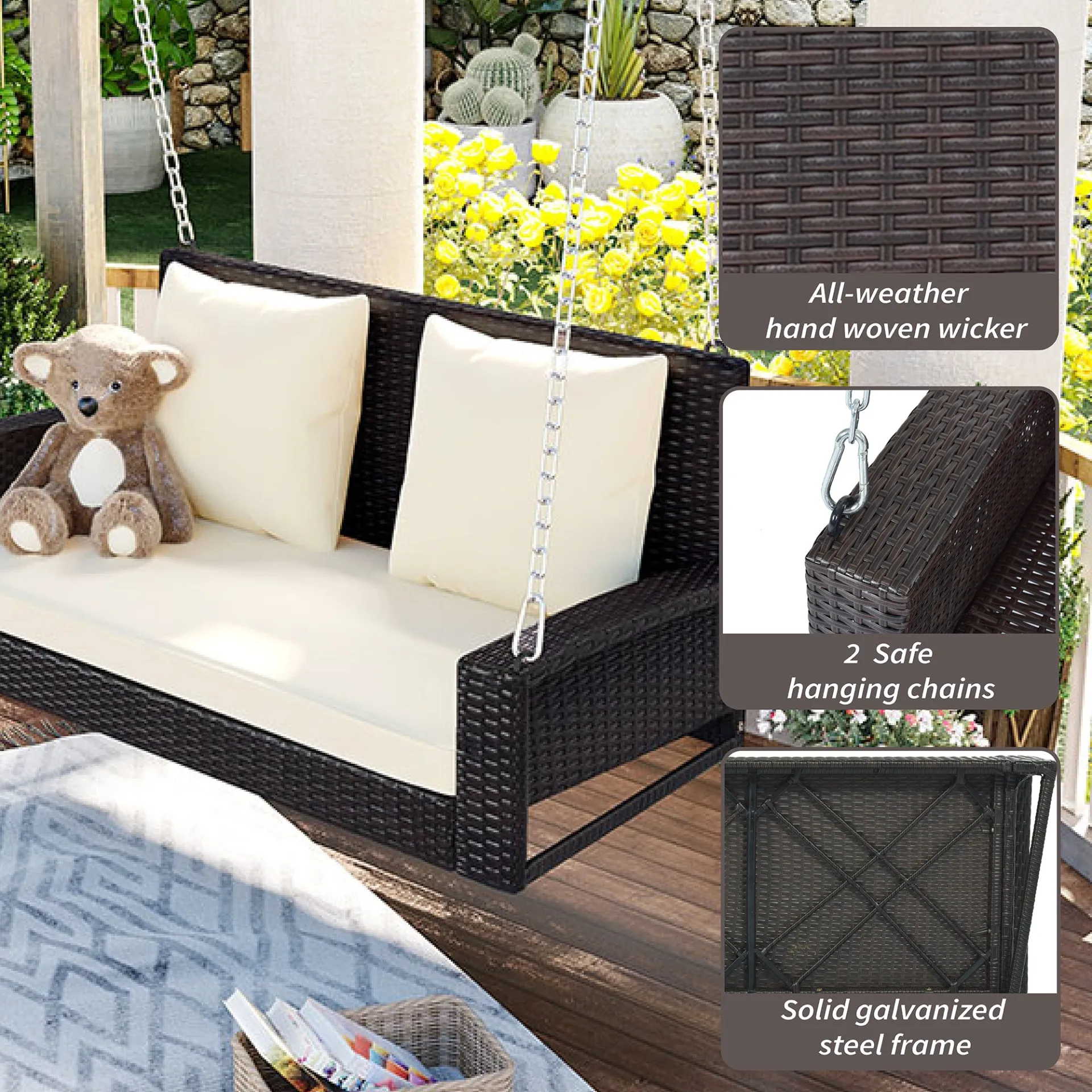 Biophilic Design Wicker Hanging Porch Swing with Chains