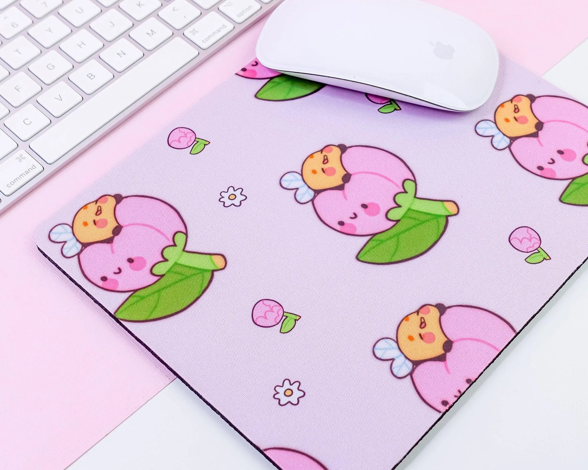 Bumblebutt Peony Bumblebee Mouse Pad | Pastel Pink Floral Desk Mat | Cute Kawaii Office Decor