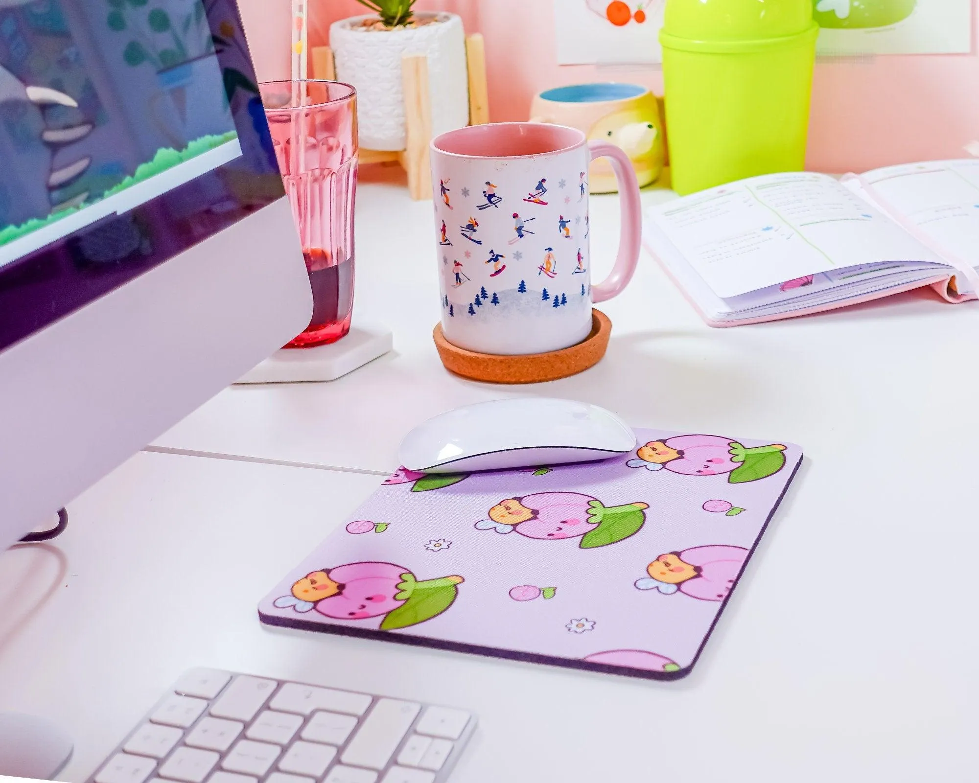 Bumblebutt Peony Bumblebee Mouse Pad | Pastel Pink Floral Desk Mat | Cute Kawaii Office Decor
