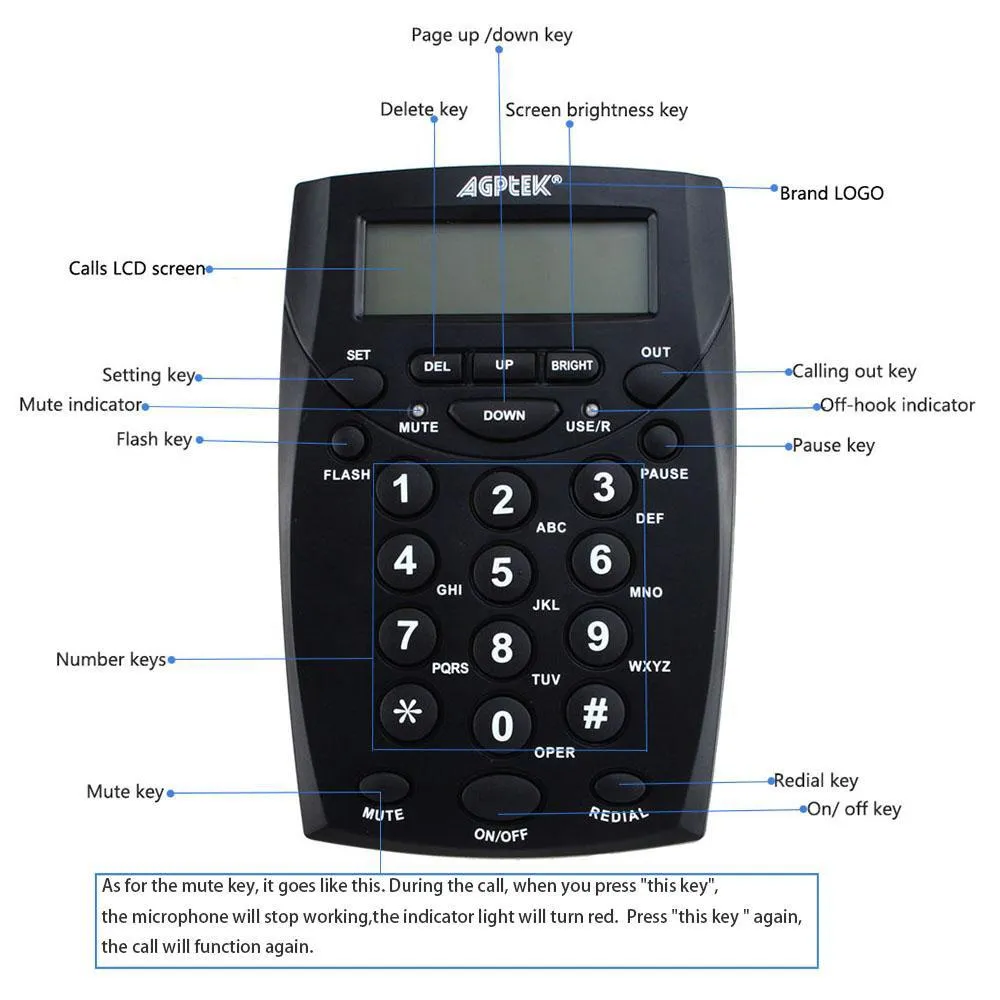 Call Center Dialpad Headset Telephone with Tone Dial Key Pad and Redial