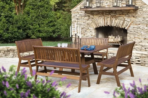 CLASSIC IPE BEECHWORTH 7 PIECE DINING SET - 53" Square Beechworth Table, 2 Amber Benches and 4 Richmond Side Chairs