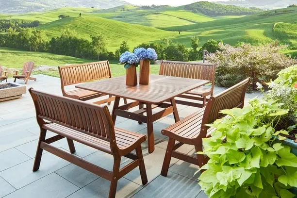 CLASSIC IPE BEECHWORTH 7 PIECE DINING SET - 53" Square Beechworth Table, 2 Amber Benches and 4 Richmond Side Chairs