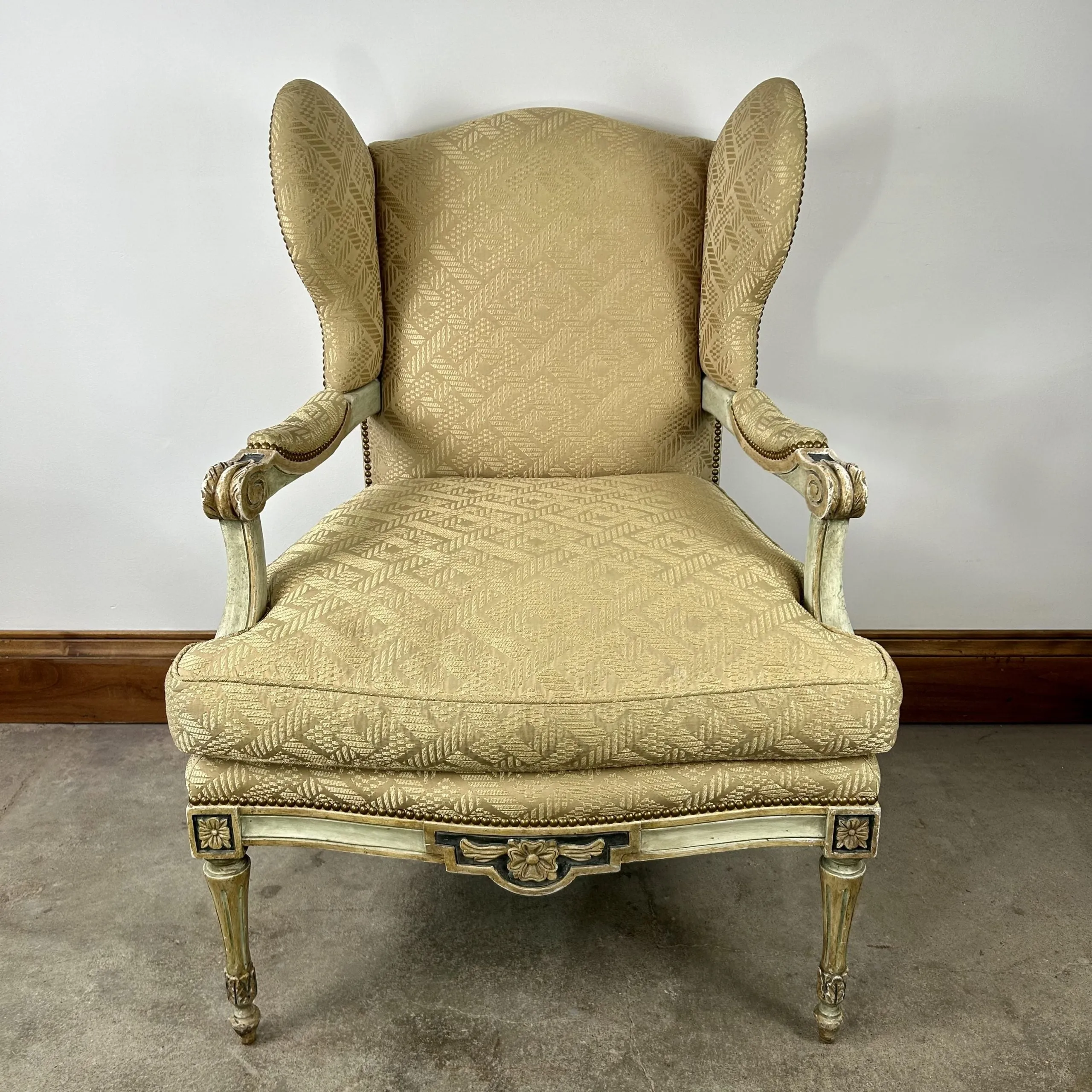 Dennis & Leen Elaborate Wingback Chair, Upholstered in Champagne