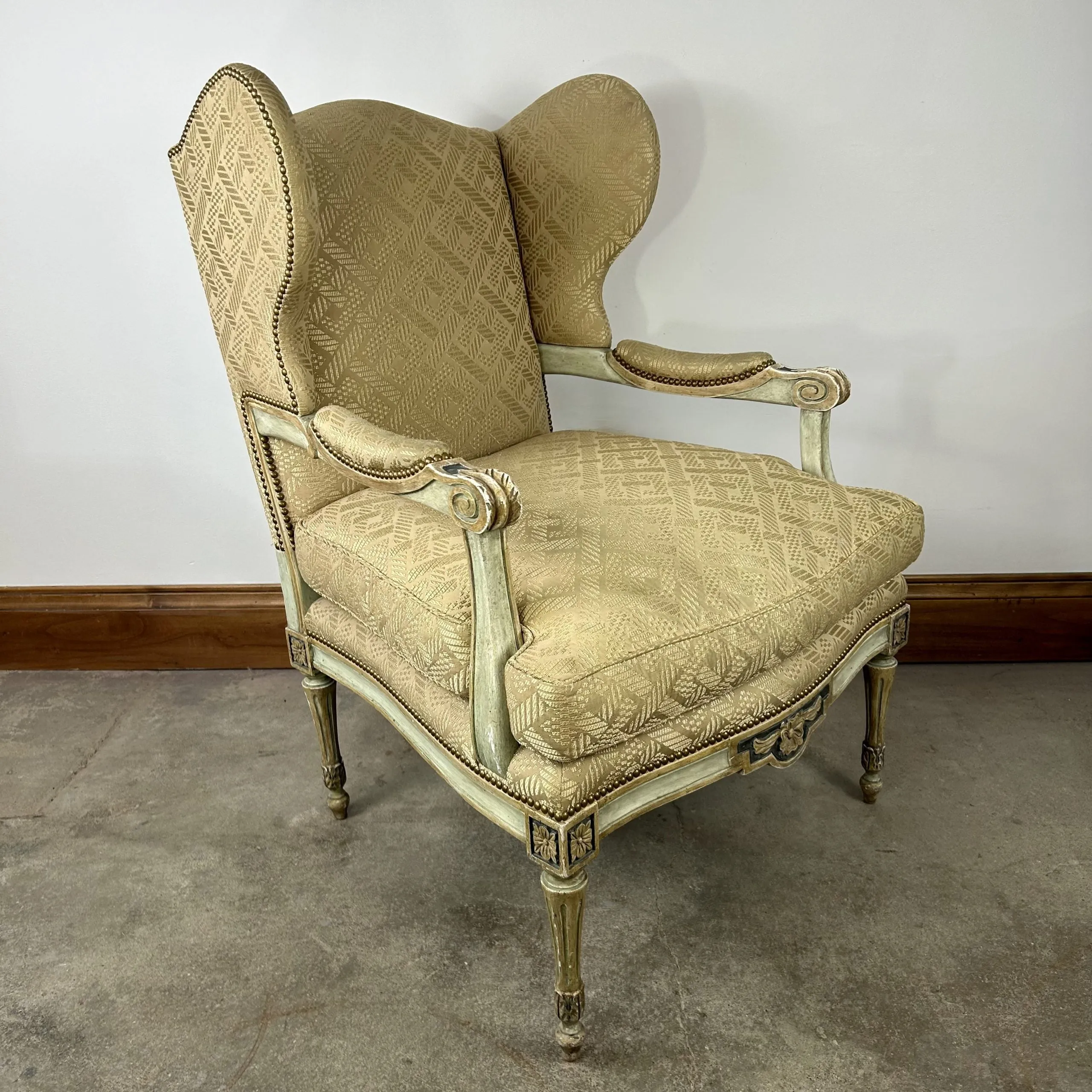 Dennis & Leen Elaborate Wingback Chair, Upholstered in Champagne