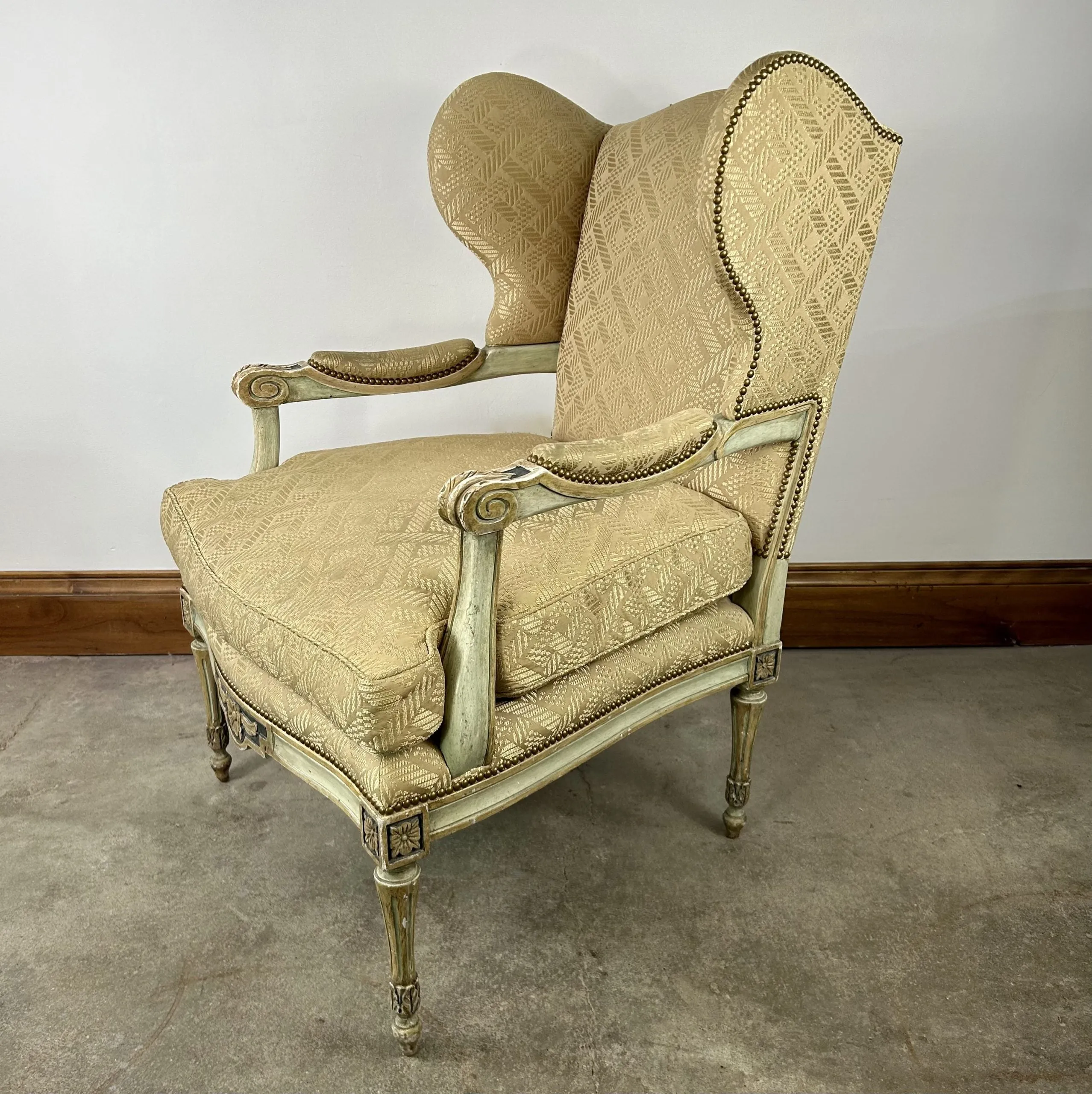 Dennis & Leen Elaborate Wingback Chair, Upholstered in Champagne