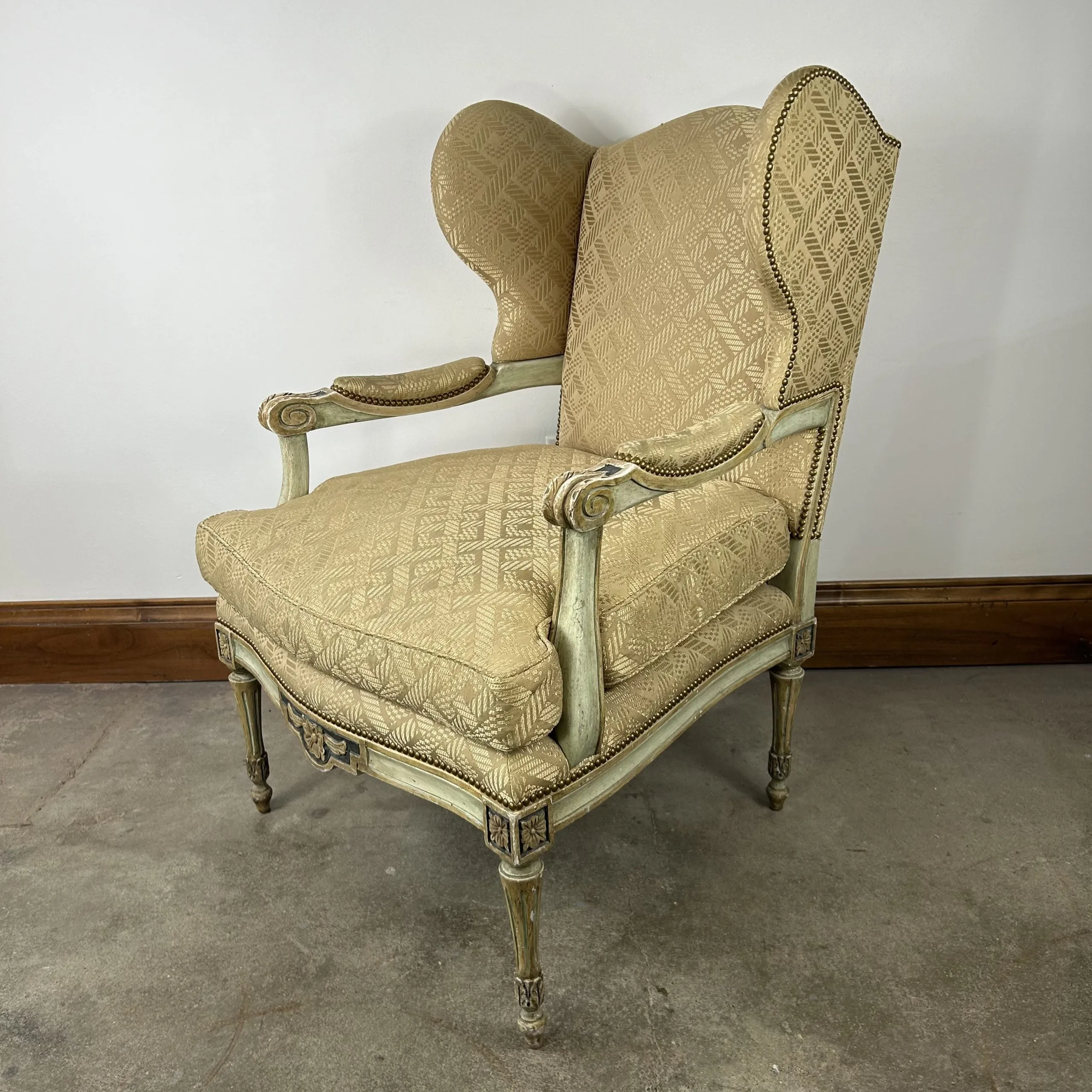 Dennis & Leen Elaborate Wingback Chair, Upholstered in Champagne
