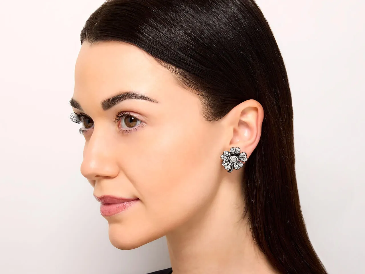 Diamond Flower Earrings in Blackened 18K Gold