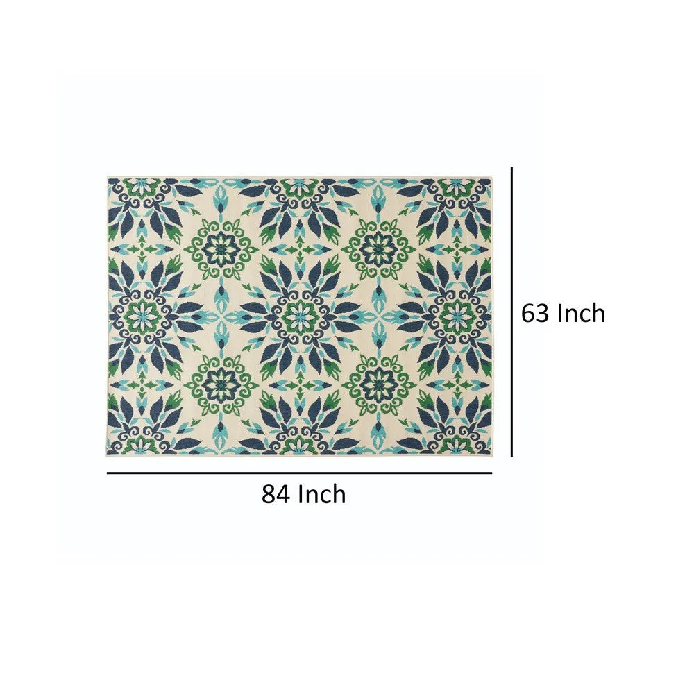 Dian Area Rug, 5 x 7 Ivory and Blue Indoor Outdoor, Medallion Pattern By Casagear Home