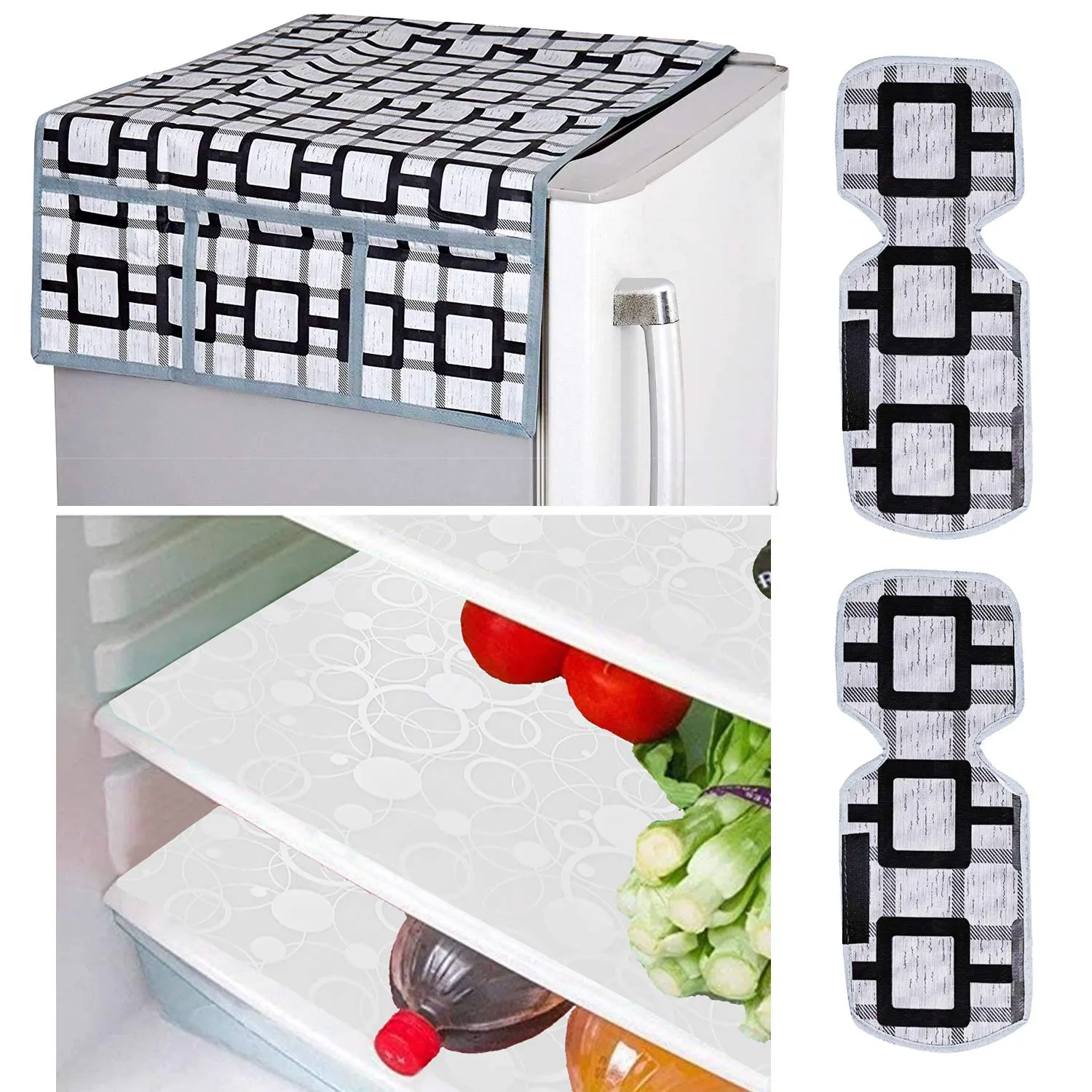 Kuber Industries Circle Design Combo of PVC 3 Pieces Fridge Mats, 1 Piece Handle Cover and 1 Piece Fridge Top Cover (Grey) - CTKTC22400, (Model: CTKTC022400)