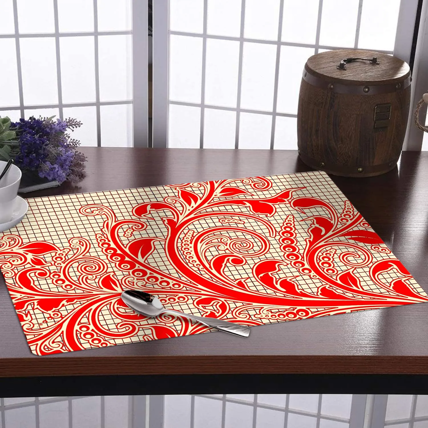 Kuber Industries Fridge Mats | PVC Red Leaf Print | Fridge Mat for Refrigerator | Fridge Placemats for Kitchen | Set of 6 | Red