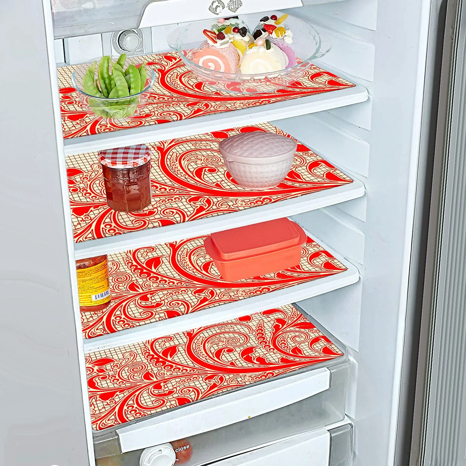 Kuber Industries Fridge Mats | PVC Red Leaf Print | Fridge Mat for Refrigerator | Fridge Placemats for Kitchen | Set of 6 | Red