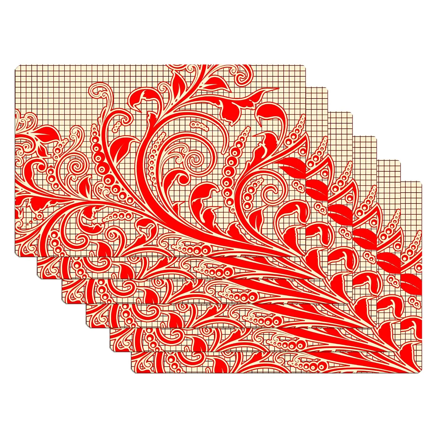 Kuber Industries Fridge Mats | PVC Red Leaf Print | Fridge Mat for Refrigerator | Fridge Placemats for Kitchen | Set of 6 | Red