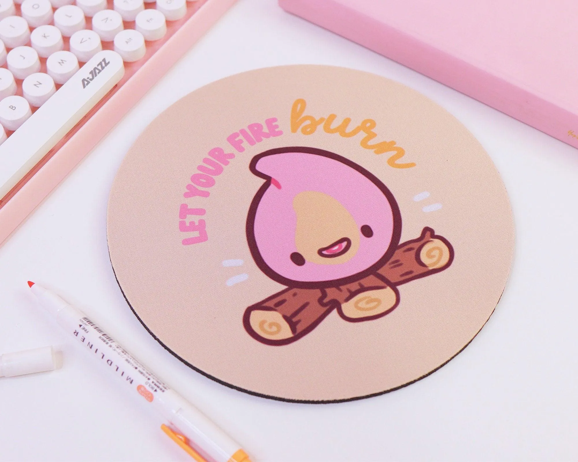 Let Your Fire Burn – Cute Kawaii Motivational Mouse Pad | Round Desk Mat for Office & Home | Katnipp Studios
