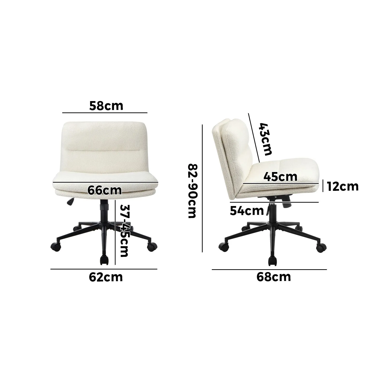 Oikiture Mid Back Armless Office Desk Chair Wide Seat Boucle White with Wheels