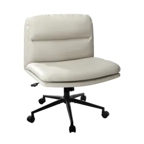 Oikiture Mid Back Armless Office Desk Chair Wide Seat Leather Beige with Wheels