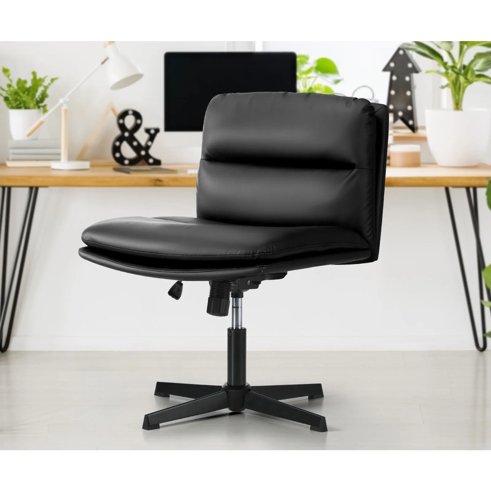 Oikiture Mid Back Armless Office Desk Chair Wide Seat No Wheels Leather Black
