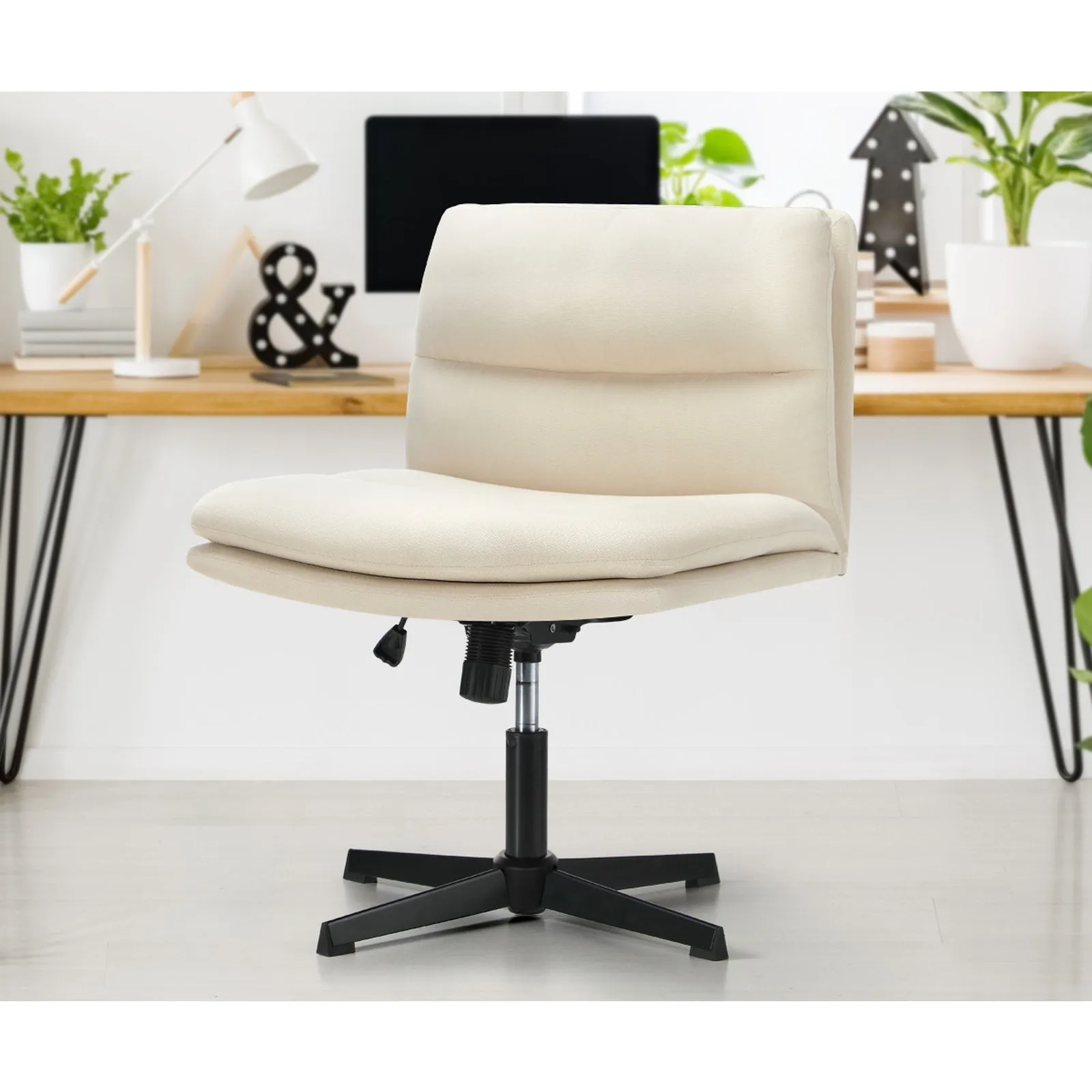 Oikiture Mid Back Armless Office Desk Chair Wide Seat No Wheels Linen Beige