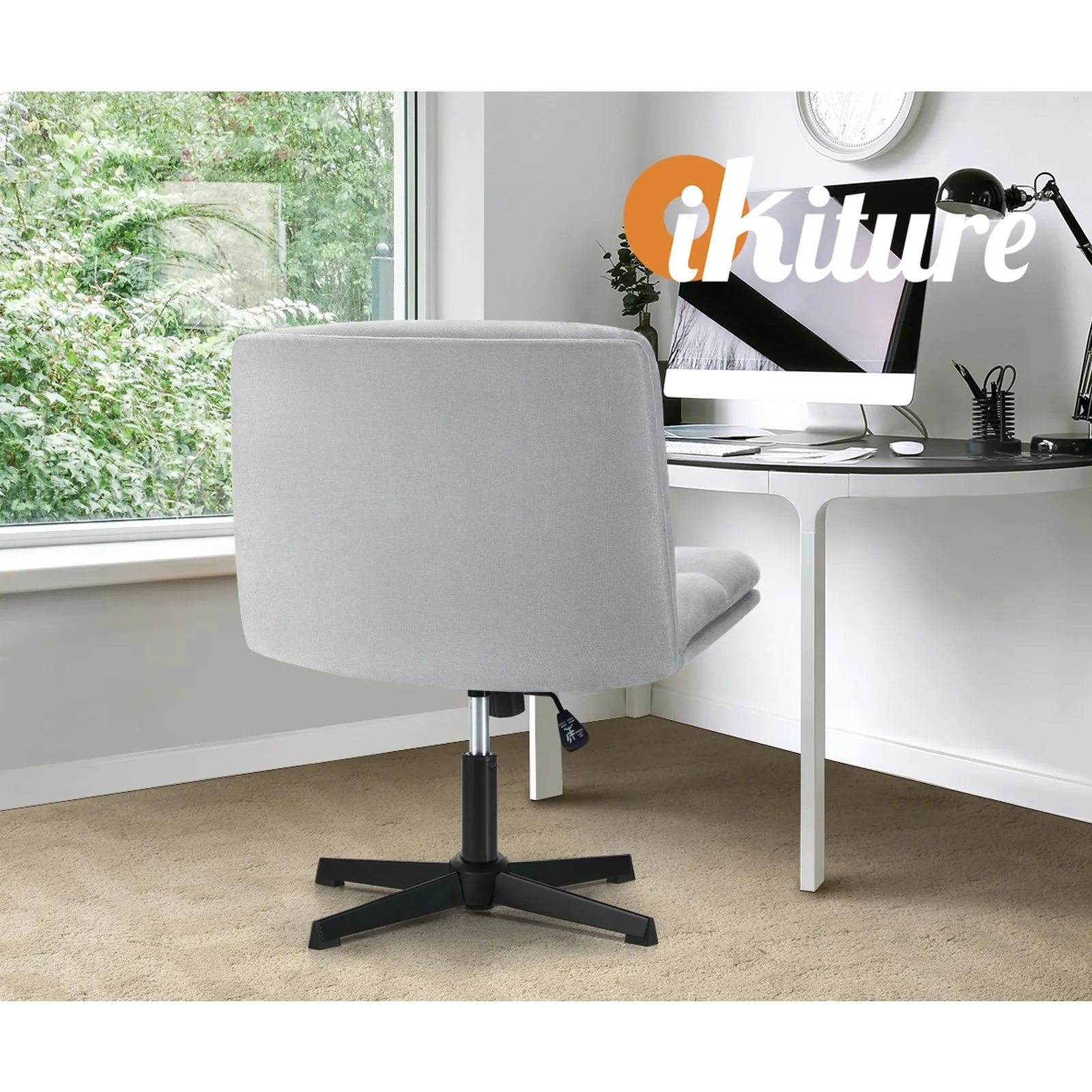 Oikiture Mid Back Armless Office Desk Chair Wide Seat No Wheels Linen Grey
