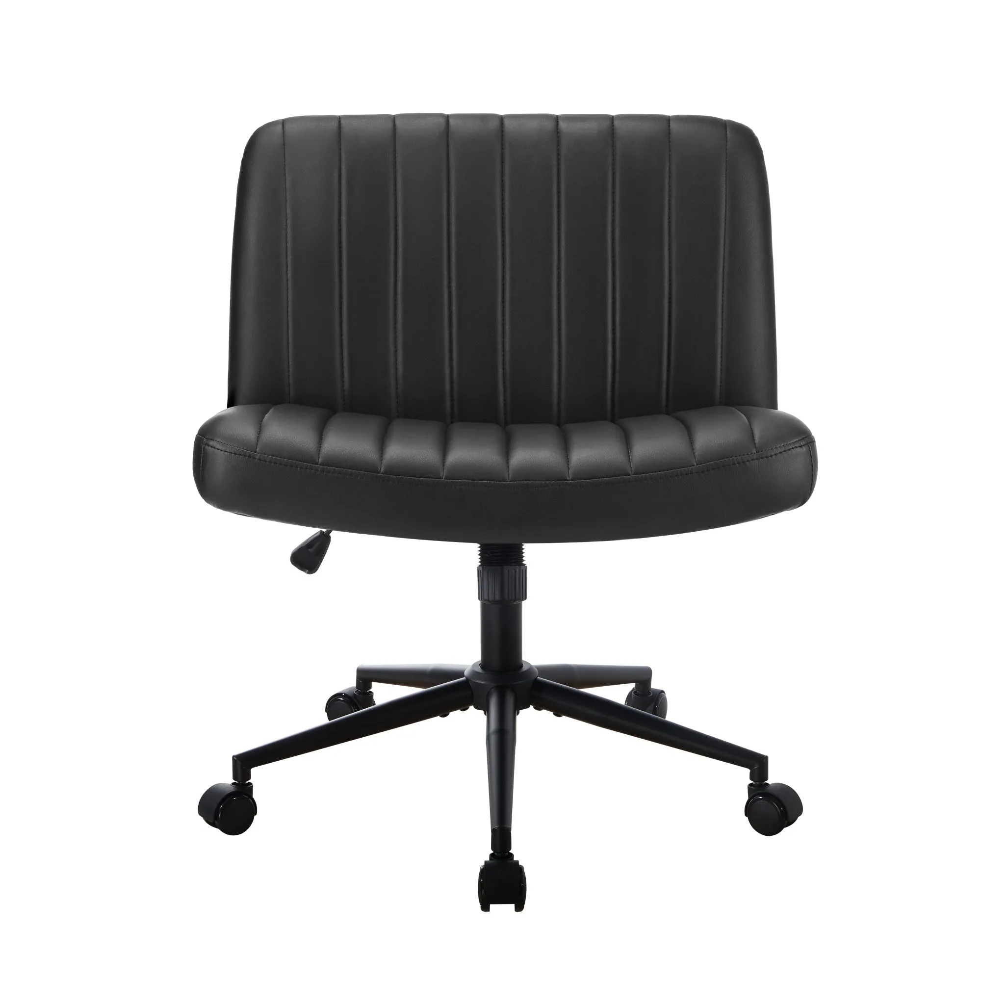 Oikiture Mid Back Armless Office Desk Chair Wide Seat with Wheels Leather Black