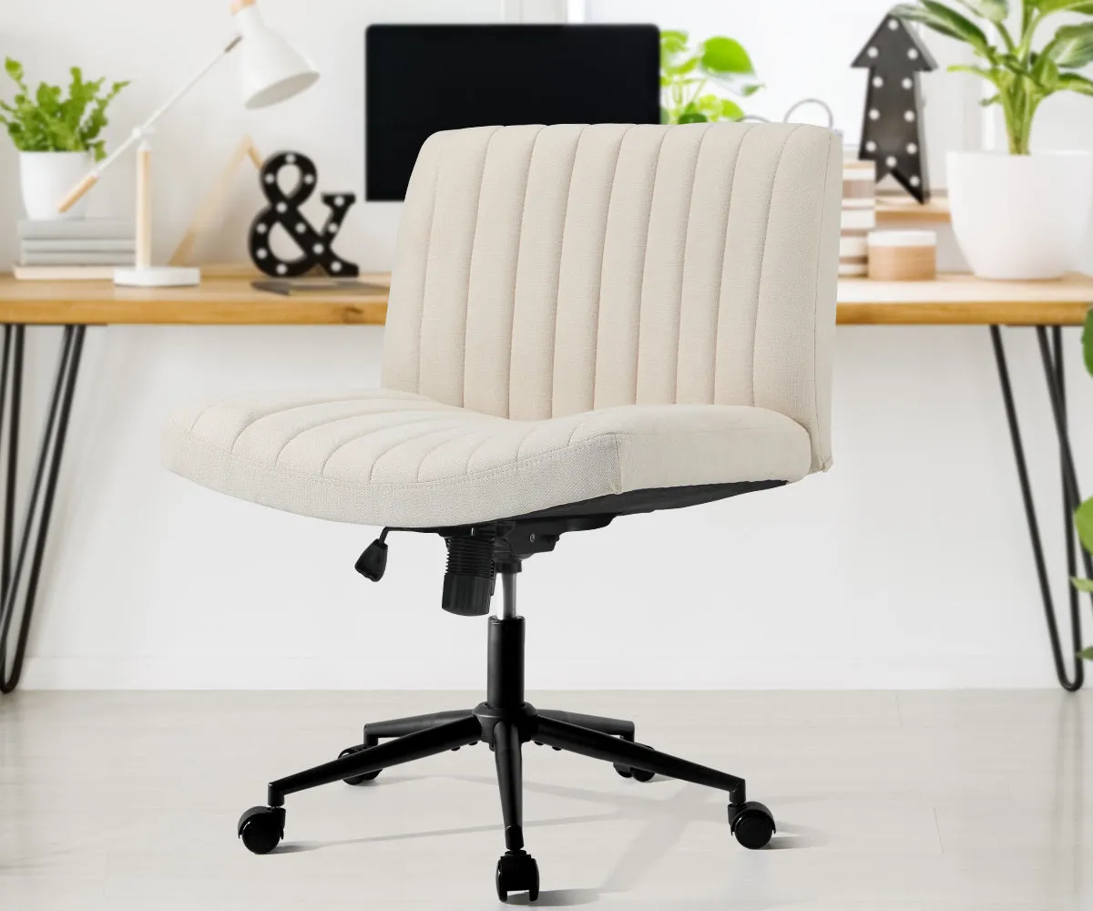 Oikiture Mid Back Armless Office Desk Chair Wide Seat with Wheels Linen Beige