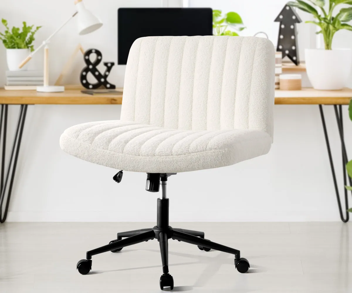 Oikiture Mid Back Armless Office Desk Chair Wide Seat with Wheels Sherpa White