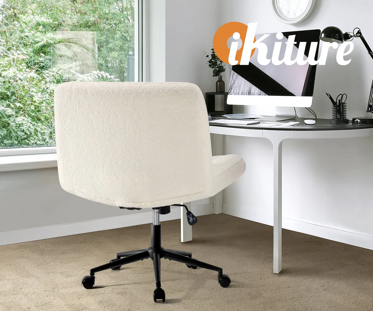 Oikiture Mid Back Armless Office Desk Chair Wide Seat with Wheels Sherpa White