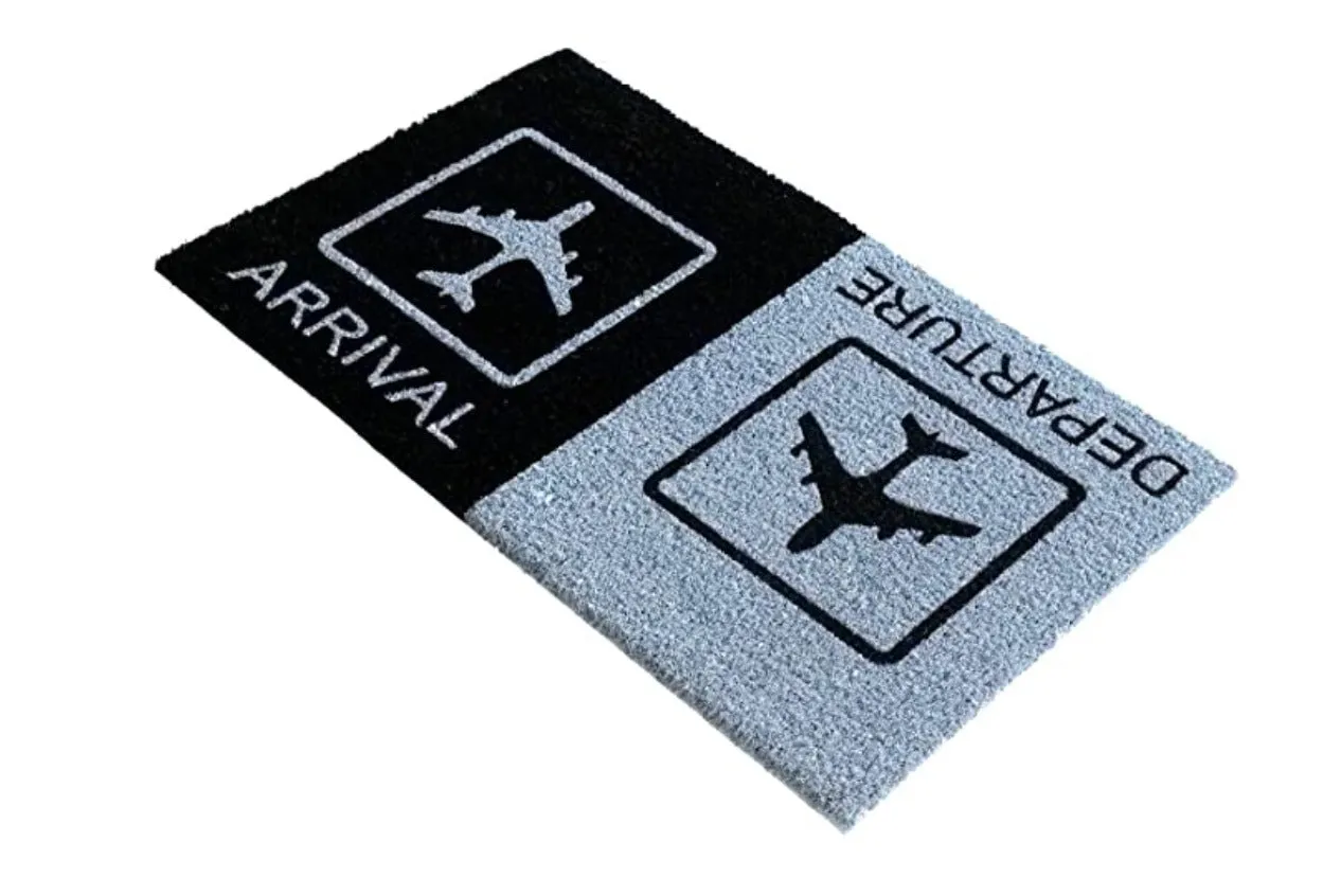 OnlyMat Arrival Departure Printed Natural Coir Black and Grey Entrance Doormat