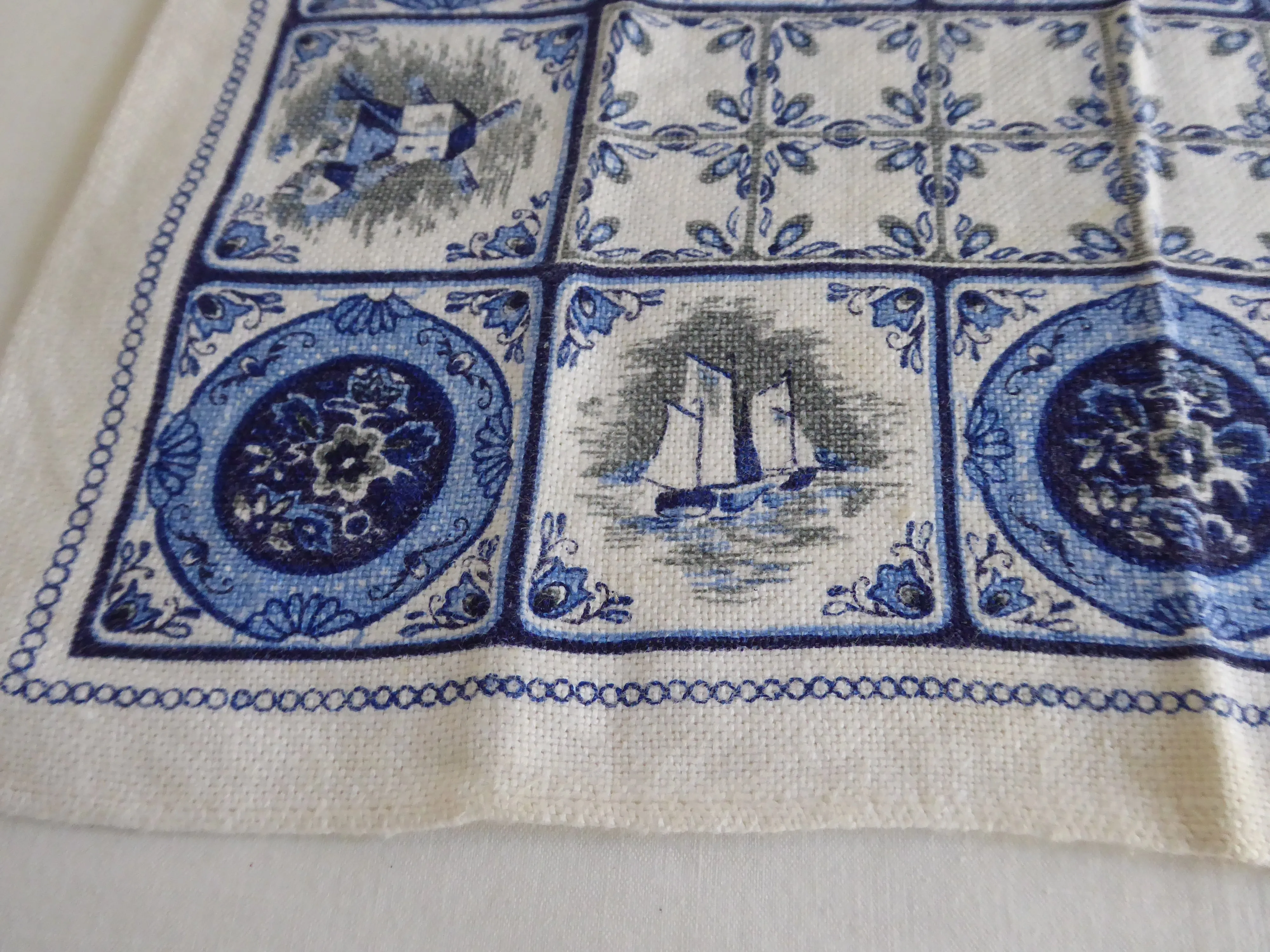 Pair Of Linen Placemats Delft Tile Pattern 1950s Table Mats Delft Blue White Table Linens