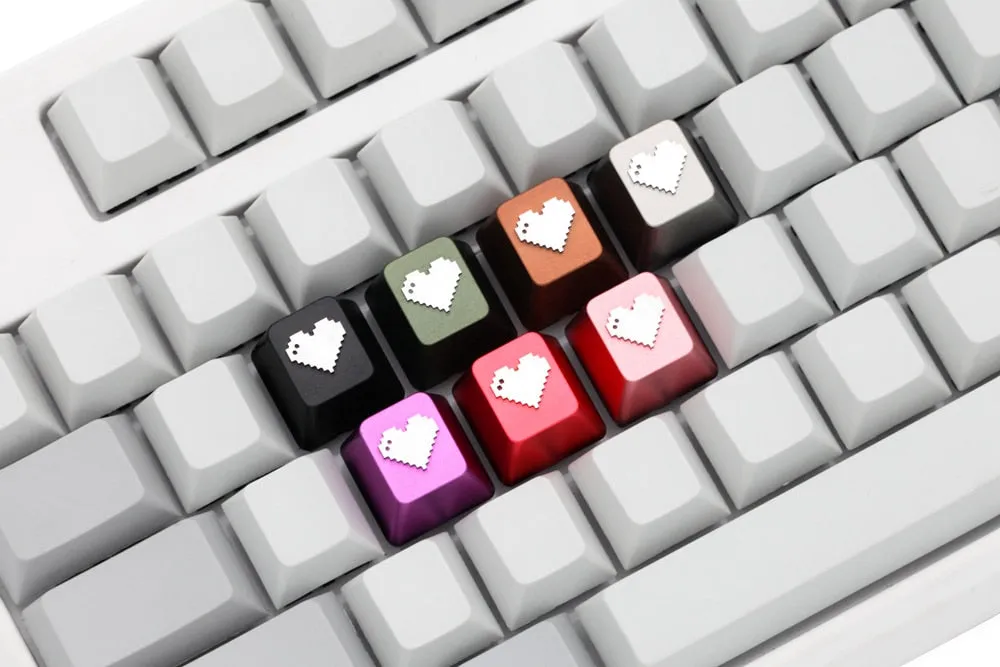 Pixel Heart anodized aluminum keycaps with anodizing for custom mechanical keyboards cherry profile grey black red green silver
