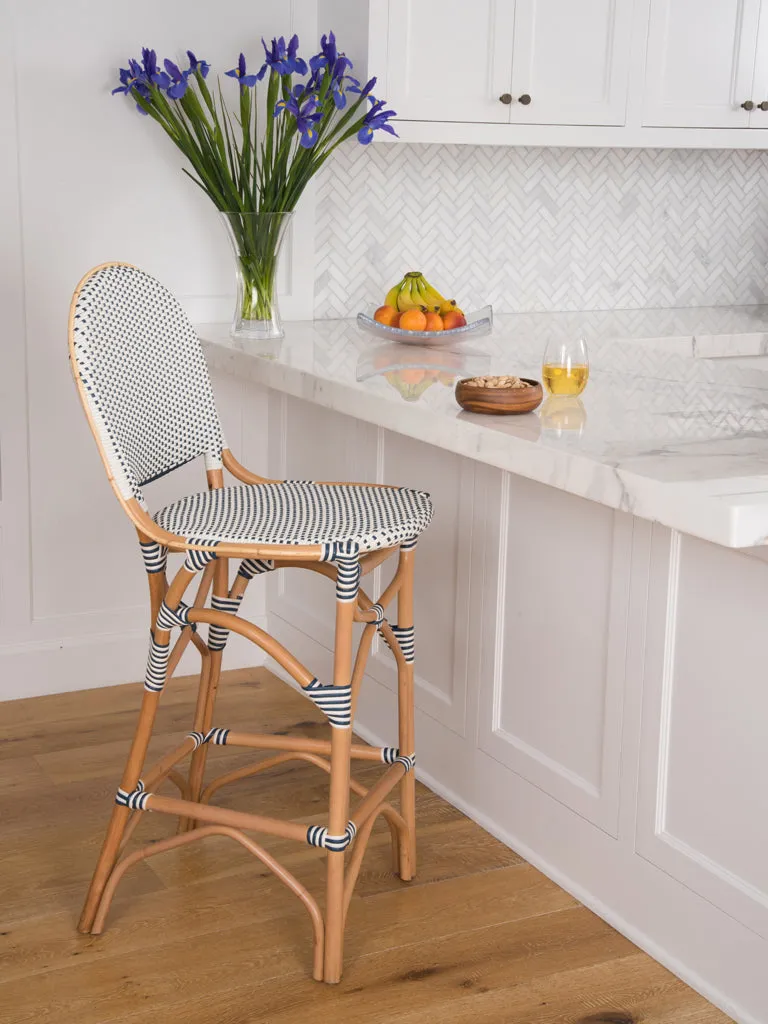 Rattan Bistro Bar Chair, White and Blue