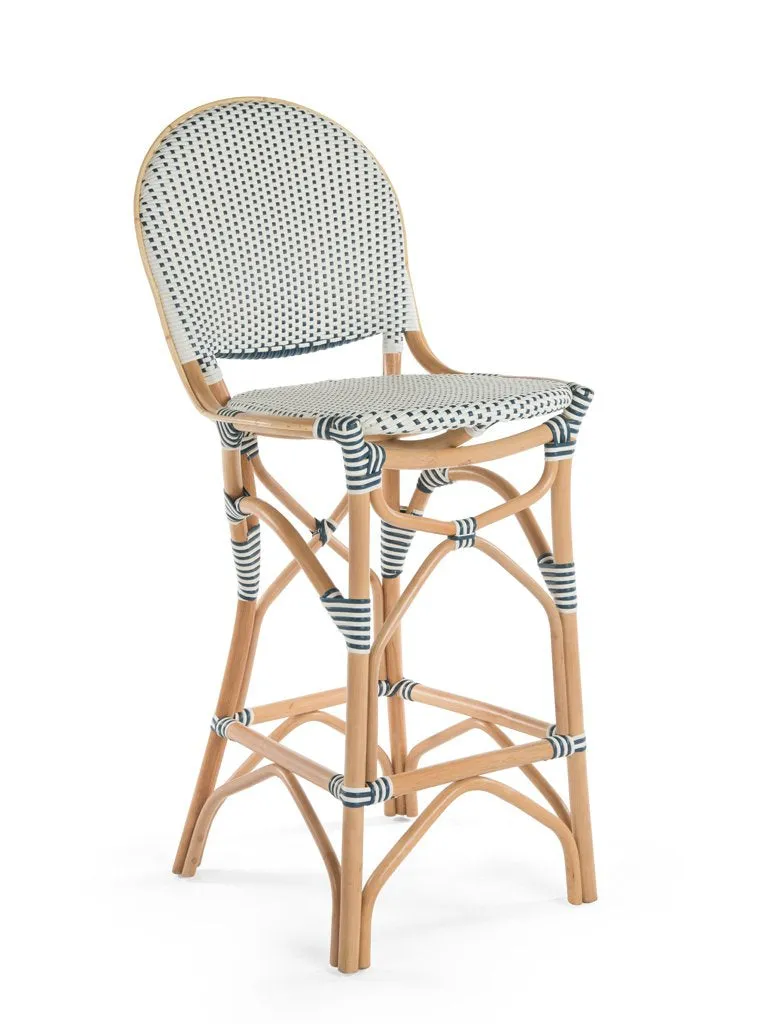 Rattan Bistro Bar Chair, White and Blue