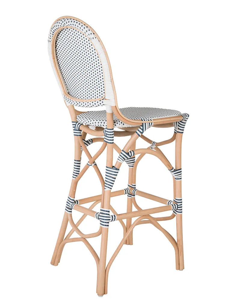 Rattan Bistro Bar Chair, White and Blue